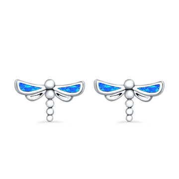 Dragonfly Stud Earrings Lab Created Blue Opal 925 Sterling Silver (7.5mm)